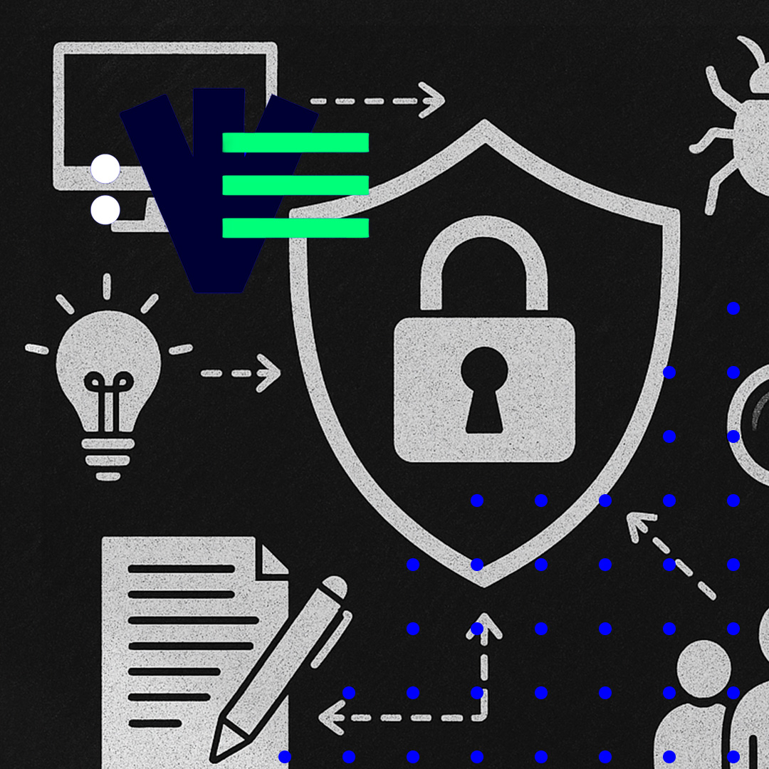 „Schwarz-weiße Grafik mit Schild und Schloss, umgeben von vernetzten Cybersecurity-Symbolen.