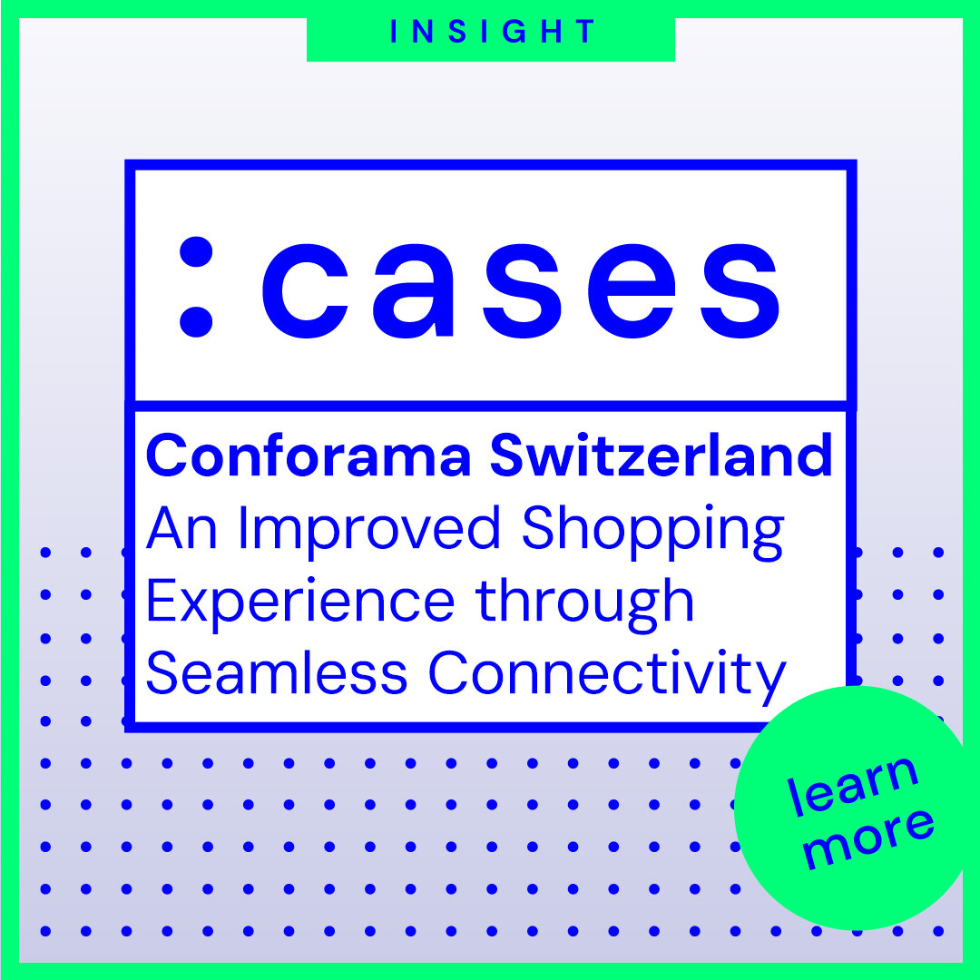 A colorful graphic featuring a customer case study between Conforama Switzerland and BNC, with the headline 'Conforama Switzerland - An Improved Shopping Experience through Seamless Connectivity' prominently displayed.